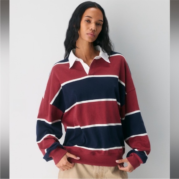 Aritzia Lomu Polo Long Sleeve Striped Top - Cordovan /Admiral size XL - Picture 11 of 11